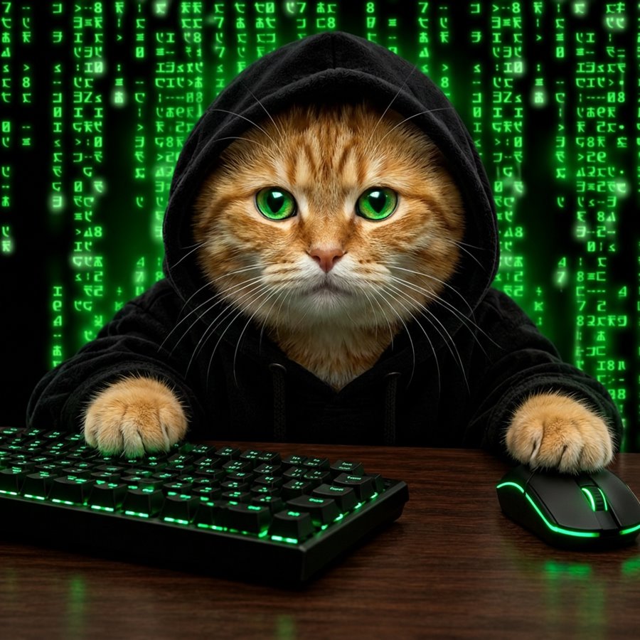 Cyber Cat: an orange tabby cat in a black hoodie at a glowing green keyboard